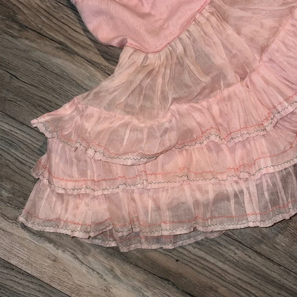 Vintage Pink Tiered Ruffle Crinoline Skirt Kids Metal Zipper Sheer Petticoat